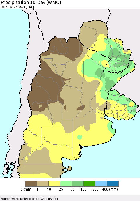 Southern South America Precipitation 10-Day (WMO) Thematic Map For 8/16/2024 - 8/25/2024