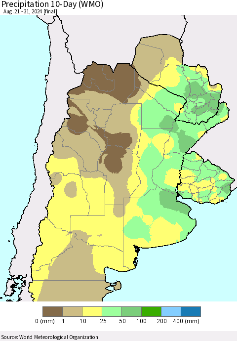 Southern South America Precipitation 10-Day (WMO) Thematic Map For 8/21/2024 - 8/31/2024