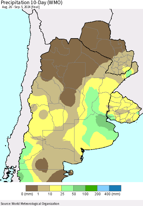 Southern South America Precipitation 10-Day (WMO) Thematic Map For 8/26/2024 - 9/5/2024