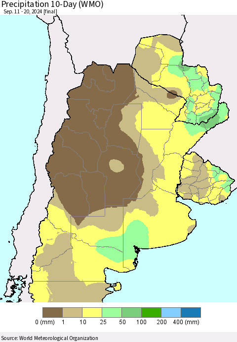 Southern South America Precipitation 10-Day (WMO) Thematic Map For 9/11/2024 - 9/20/2024
