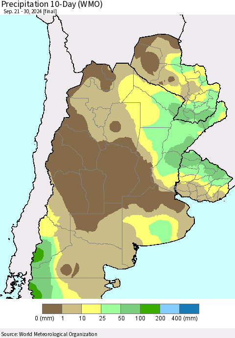 Southern South America Precipitation 10-Day (WMO) Thematic Map For 9/21/2024 - 9/30/2024