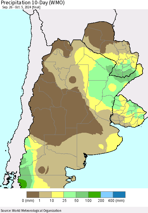 Southern South America Precipitation 10-Day (WMO) Thematic Map For 9/26/2024 - 10/5/2024