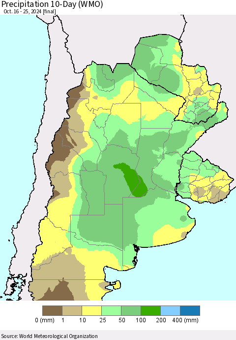 Southern South America Precipitation 10-Day (WMO) Thematic Map For 10/16/2024 - 10/25/2024