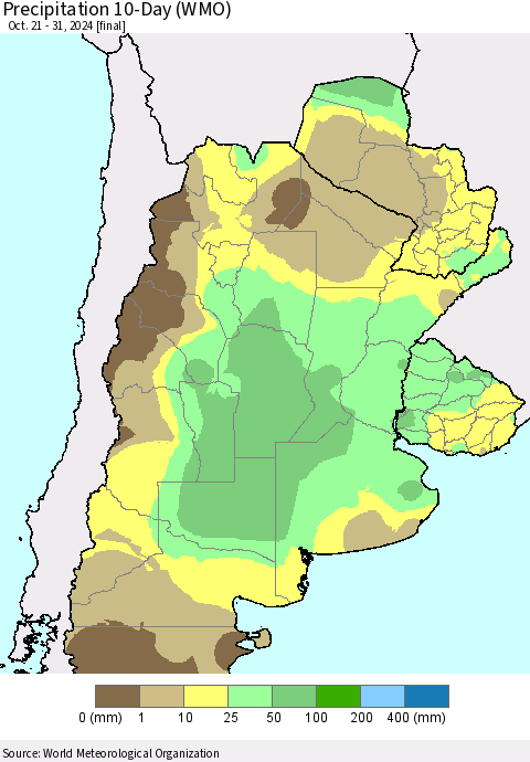 Southern South America Precipitation 10-Day (WMO) Thematic Map For 10/21/2024 - 10/31/2024