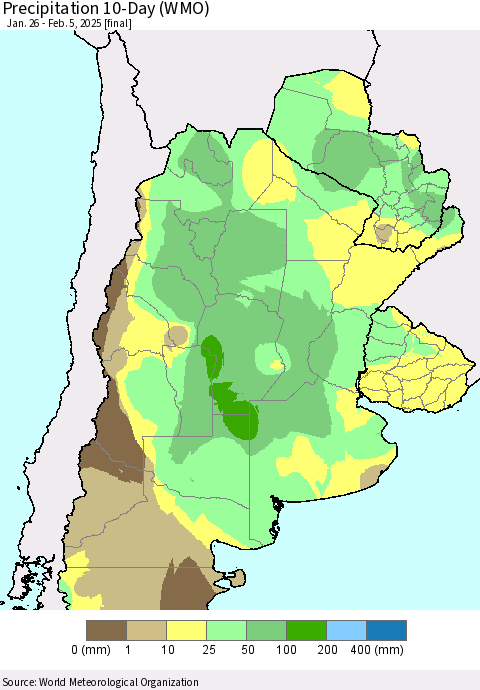 Southern South America Precipitation 10-Day (WMO) Thematic Map For 1/26/2025 - 2/5/2025