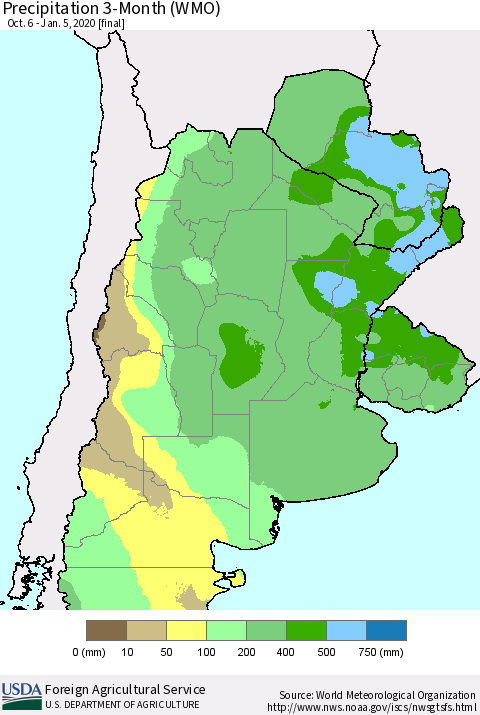 Southern South America Precipitation 3-Month (WMO) Thematic Map For 10/6/2019 - 1/5/2020