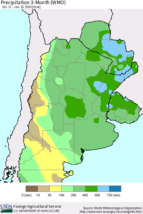 Southern South America Precipitation 3-Month (WMO) Thematic Map For 10/11/2019 - 1/10/2020