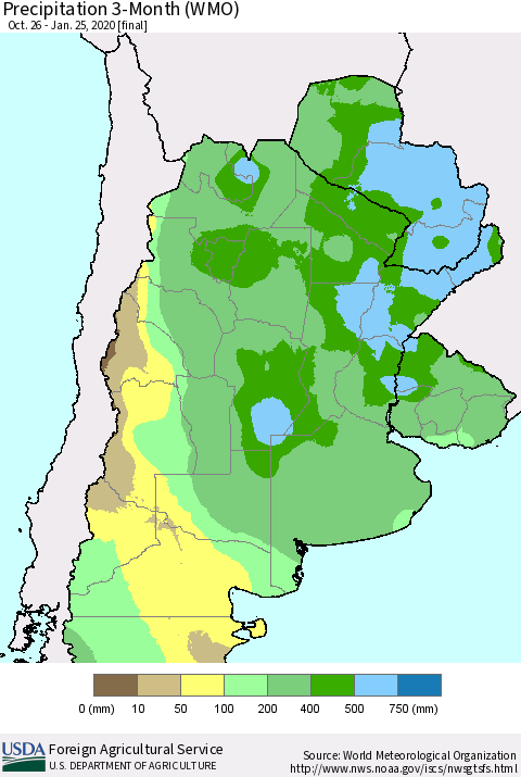 Southern South America Precipitation 3-Month (WMO) Thematic Map For 10/26/2019 - 1/25/2020