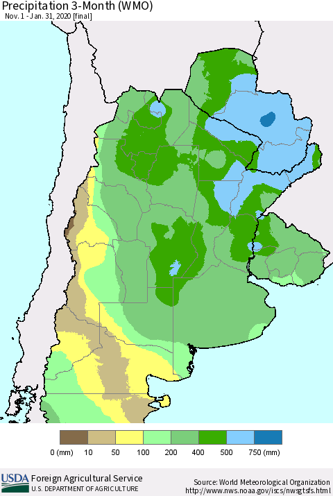 Southern South America Precipitation 3-Month (WMO) Thematic Map For 11/1/2019 - 1/31/2020