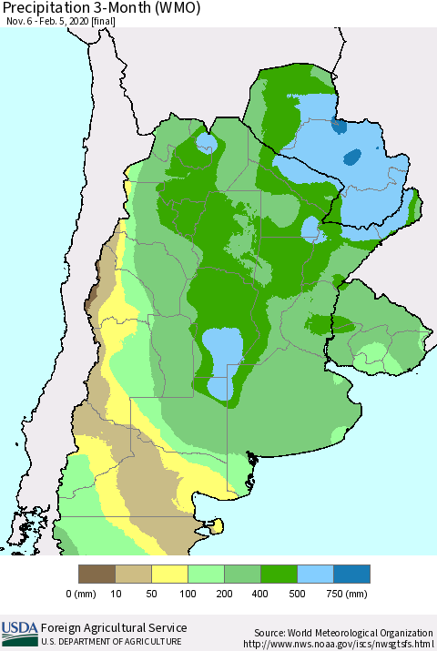 Southern South America Precipitation 3-Month (WMO) Thematic Map For 11/6/2019 - 2/5/2020