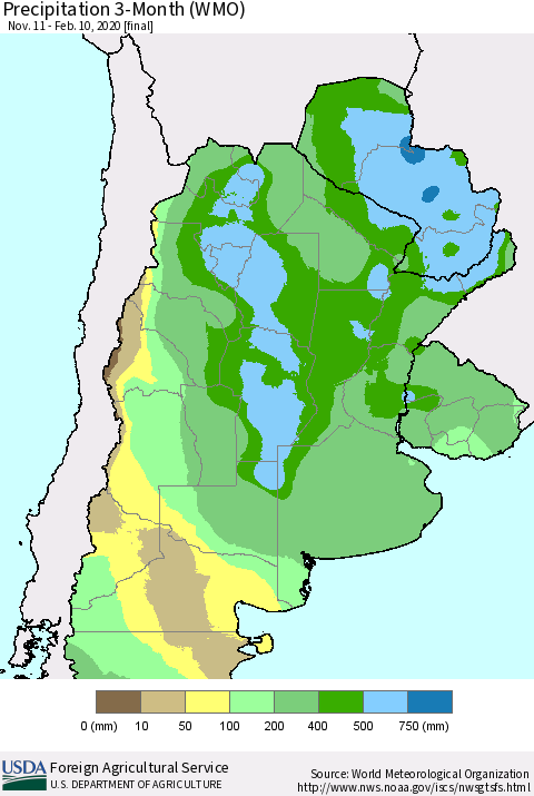Southern South America Precipitation 3-Month (WMO) Thematic Map For 11/11/2019 - 2/10/2020