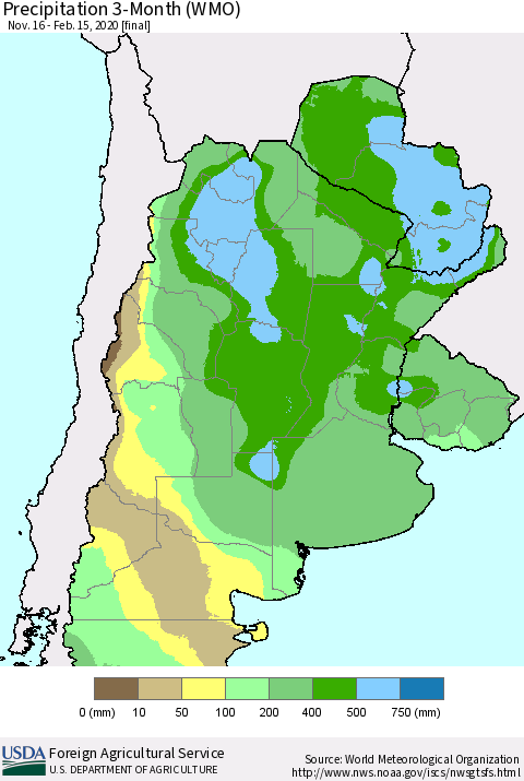 Southern South America Precipitation 3-Month (WMO) Thematic Map For 11/16/2019 - 2/15/2020