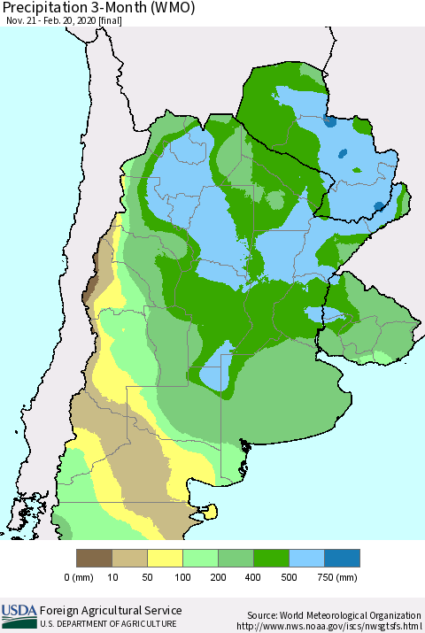 Southern South America Precipitation 3-Month (WMO) Thematic Map For 11/21/2019 - 2/20/2020