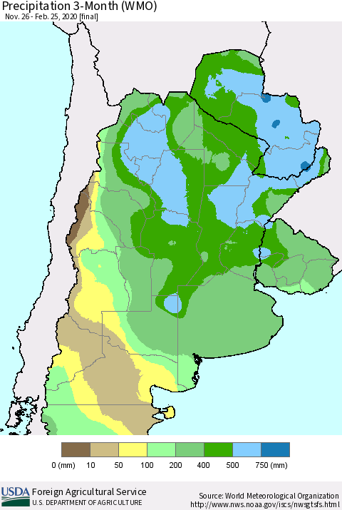 Southern South America Precipitation 3-Month (WMO) Thematic Map For 11/26/2019 - 2/25/2020