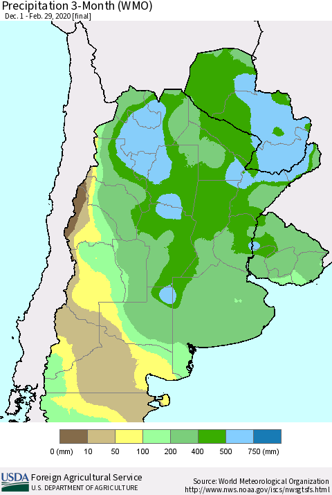 Southern South America Precipitation 3-Month (WMO) Thematic Map For 12/1/2019 - 2/29/2020