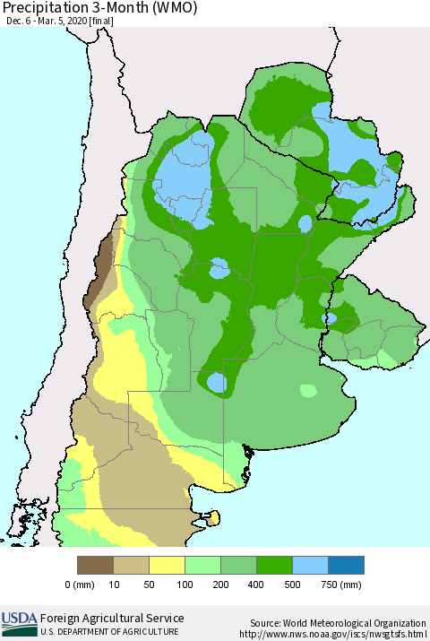 Southern South America Precipitation 3-Month (WMO) Thematic Map For 12/6/2019 - 3/5/2020