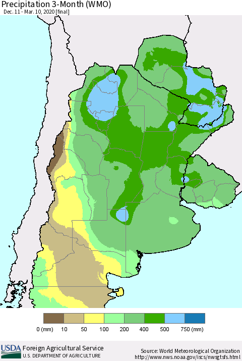 Southern South America Precipitation 3-Month (WMO) Thematic Map For 12/11/2019 - 3/10/2020