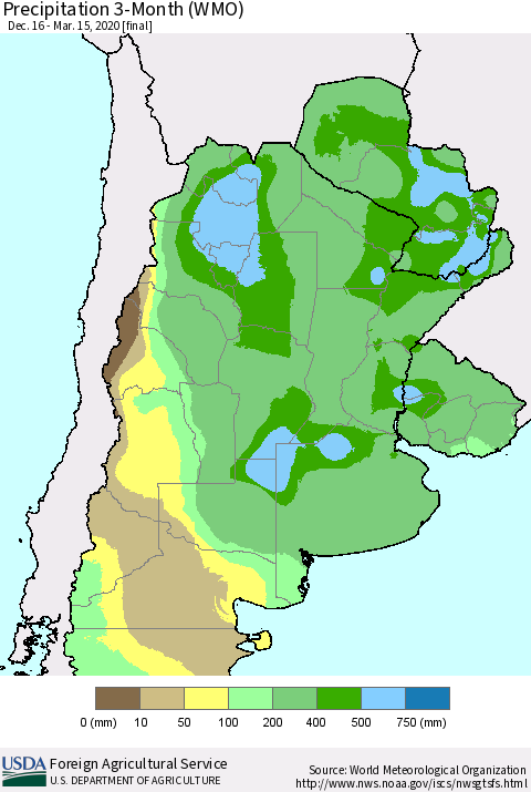 Southern South America Precipitation 3-Month (WMO) Thematic Map For 12/16/2019 - 3/15/2020