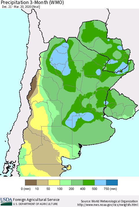 Southern South America Precipitation 3-Month (WMO) Thematic Map For 12/21/2019 - 3/20/2020