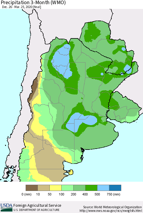 Southern South America Precipitation 3-Month (WMO) Thematic Map For 12/26/2019 - 3/25/2020
