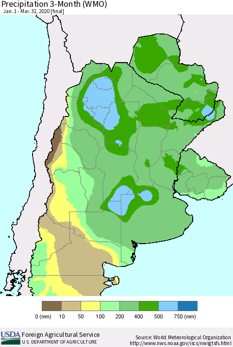Southern South America Precipitation 3-Month (WMO) Thematic Map For 1/1/2020 - 3/31/2020