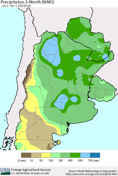 Southern South America Precipitation 3-Month (WMO) Thematic Map For 1/6/2020 - 4/5/2020