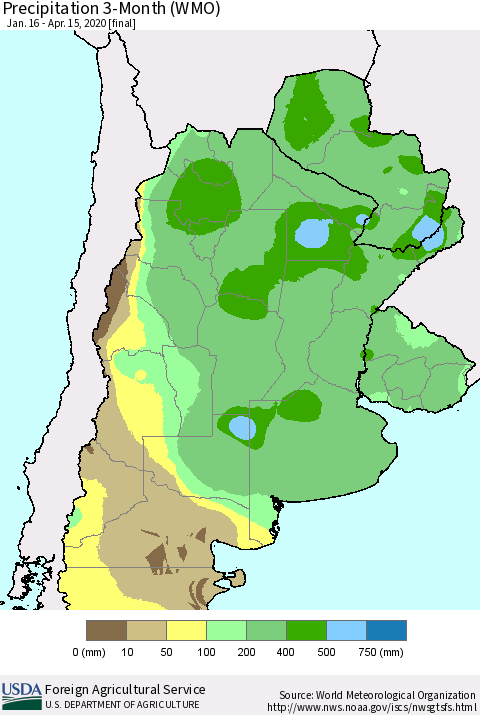 Southern South America Precipitation 3-Month (WMO) Thematic Map For 1/16/2020 - 4/15/2020
