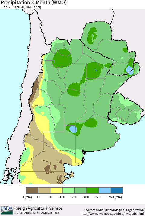 Southern South America Precipitation 3-Month (WMO) Thematic Map For 1/21/2020 - 4/20/2020