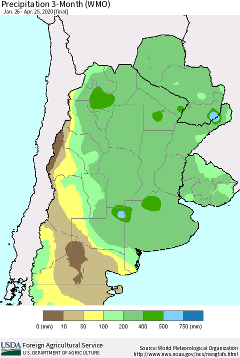 Southern South America Precipitation 3-Month (WMO) Thematic Map For 1/26/2020 - 4/25/2020