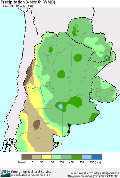 Southern South America Precipitation 3-Month (WMO) Thematic Map For 2/1/2020 - 4/30/2020