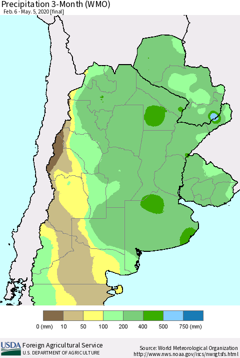Southern South America Precipitation 3-Month (WMO) Thematic Map For 2/6/2020 - 5/5/2020