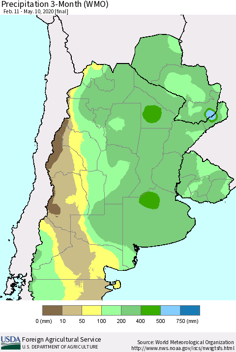 Southern South America Precipitation 3-Month (WMO) Thematic Map For 2/11/2020 - 5/10/2020