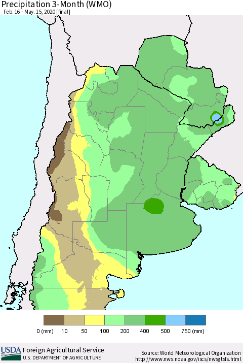 Southern South America Precipitation 3-Month (WMO) Thematic Map For 2/16/2020 - 5/15/2020