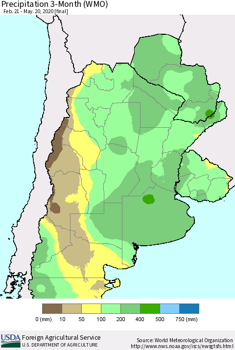 Southern South America Precipitation 3-Month (WMO) Thematic Map For 2/21/2020 - 5/20/2020