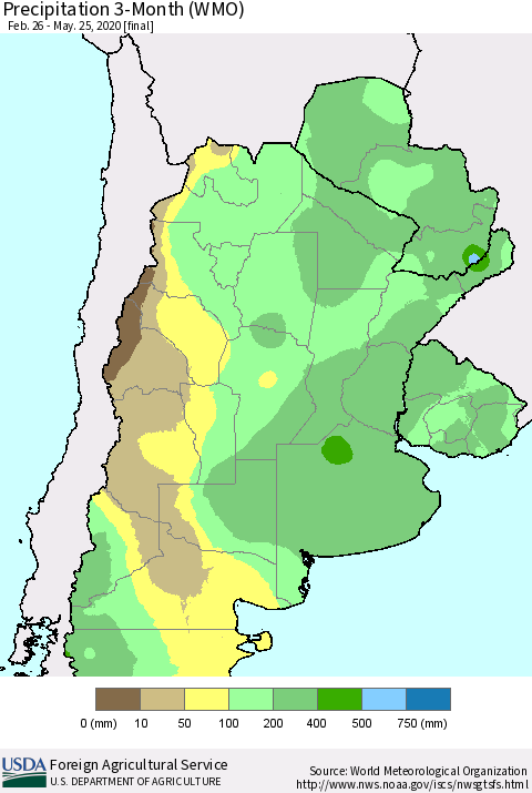 Southern South America Precipitation 3-Month (WMO) Thematic Map For 2/26/2020 - 5/25/2020