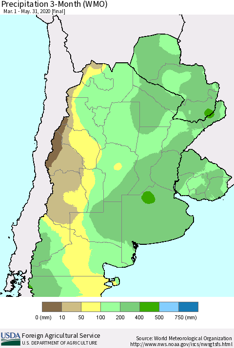Southern South America Precipitation 3-Month (WMO) Thematic Map For 3/1/2020 - 5/31/2020