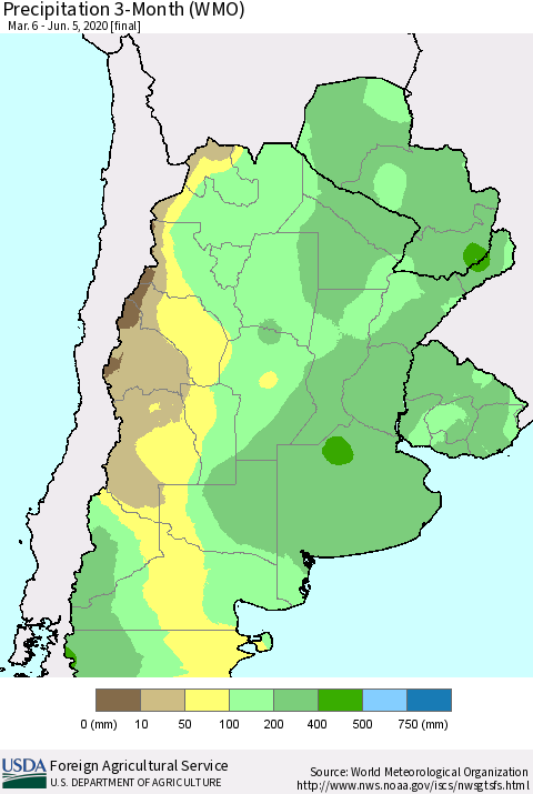 Southern South America Precipitation 3-Month (WMO) Thematic Map For 3/6/2020 - 6/5/2020