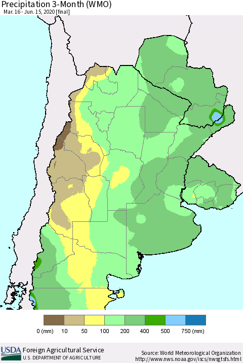 Southern South America Precipitation 3-Month (WMO) Thematic Map For 3/16/2020 - 6/15/2020