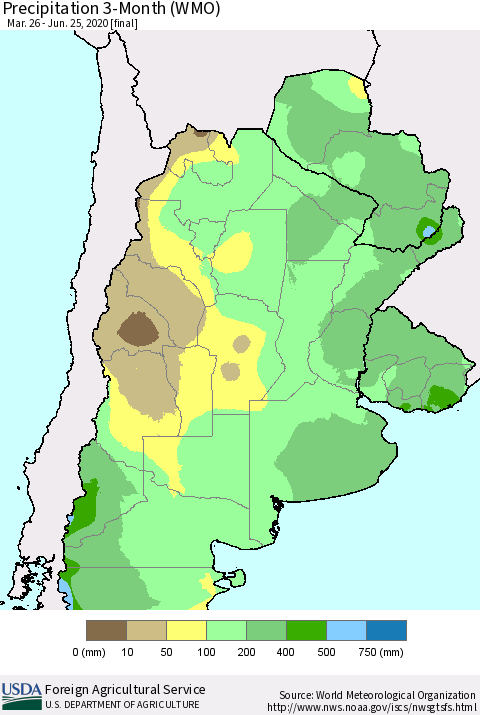 Southern South America Precipitation 3-Month (WMO) Thematic Map For 3/26/2020 - 6/25/2020