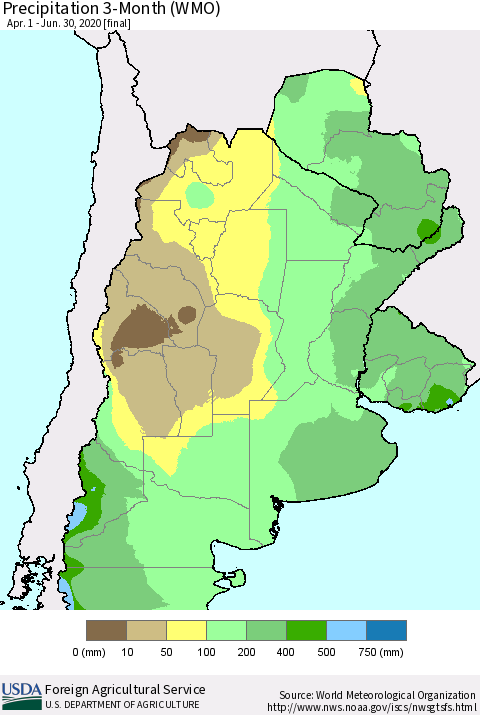 Southern South America Precipitation 3-Month (WMO) Thematic Map For 4/1/2020 - 6/30/2020