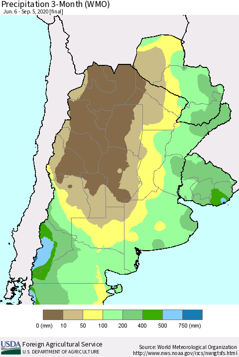 Southern South America Precipitation 3-Month (WMO) Thematic Map For 6/6/2020 - 9/5/2020