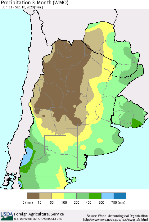 Southern South America Precipitation 3-Month (WMO) Thematic Map For 6/11/2020 - 9/10/2020