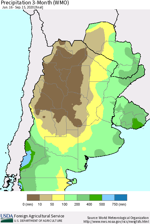 Southern South America Precipitation 3-Month (WMO) Thematic Map For 6/16/2020 - 9/15/2020