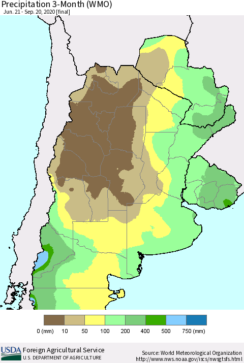 Southern South America Precipitation 3-Month (WMO) Thematic Map For 6/21/2020 - 9/20/2020