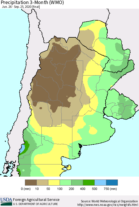 Southern South America Precipitation 3-Month (WMO) Thematic Map For 6/26/2020 - 9/25/2020