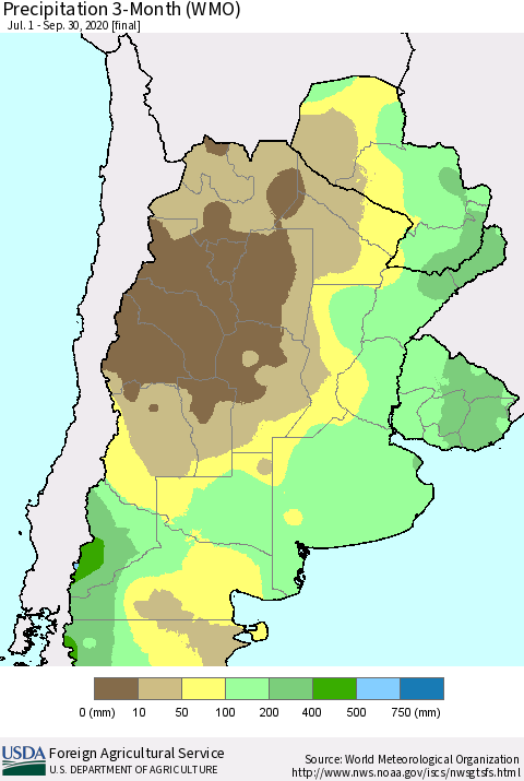 Southern South America Precipitation 3-Month (WMO) Thematic Map For 7/1/2020 - 9/30/2020