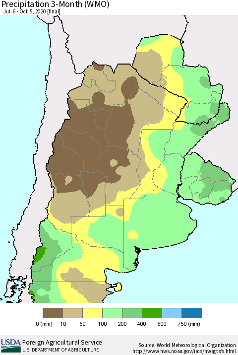 Southern South America Precipitation 3-Month (WMO) Thematic Map For 7/6/2020 - 10/5/2020