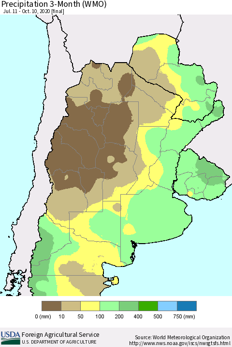 Southern South America Precipitation 3-Month (WMO) Thematic Map For 7/11/2020 - 10/10/2020