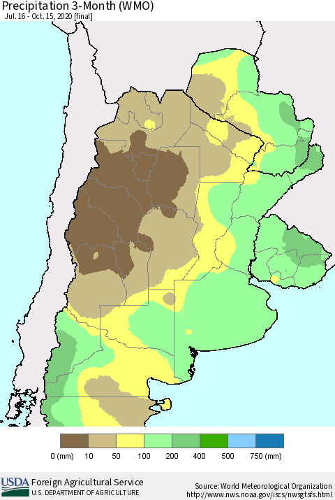 Southern South America Precipitation 3-Month (WMO) Thematic Map For 7/16/2020 - 10/15/2020