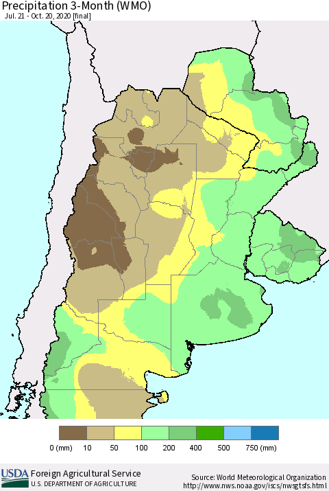 Southern South America Precipitation 3-Month (WMO) Thematic Map For 7/21/2020 - 10/20/2020